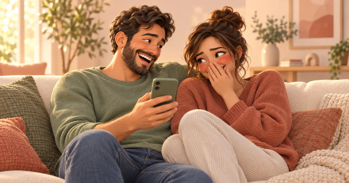 Couple qui rit et rougit en jouant à un quiz de questions gênantes