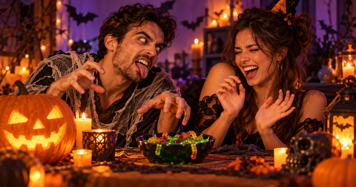 Couple jouant à des gages Halloween avec une citrouille et un bol de vers en bonbons
